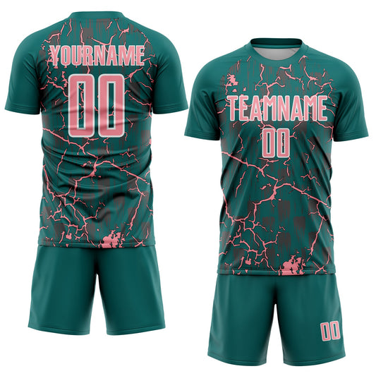 Custom Teal Medium Pink-White Lightning Sublimation Soccer Uniform Jersey - Sky-Custom