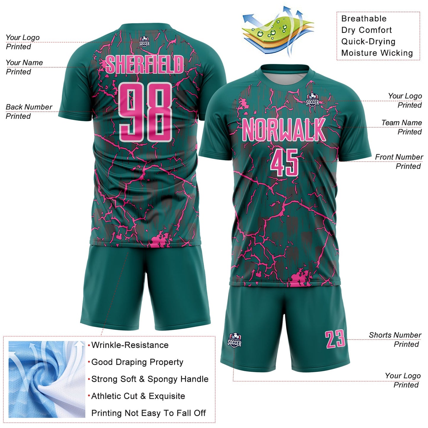 Custom Teal Pink-White Lightning Sublimation Soccer Uniform Jersey - Sky-Custom