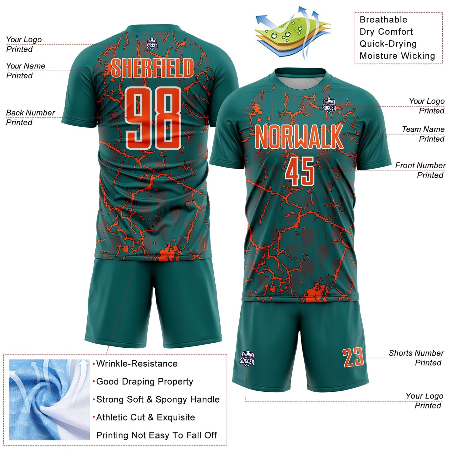Custom Teal Orange-White Lightning Sublimation Soccer Uniform Jersey - Sky-Custom
