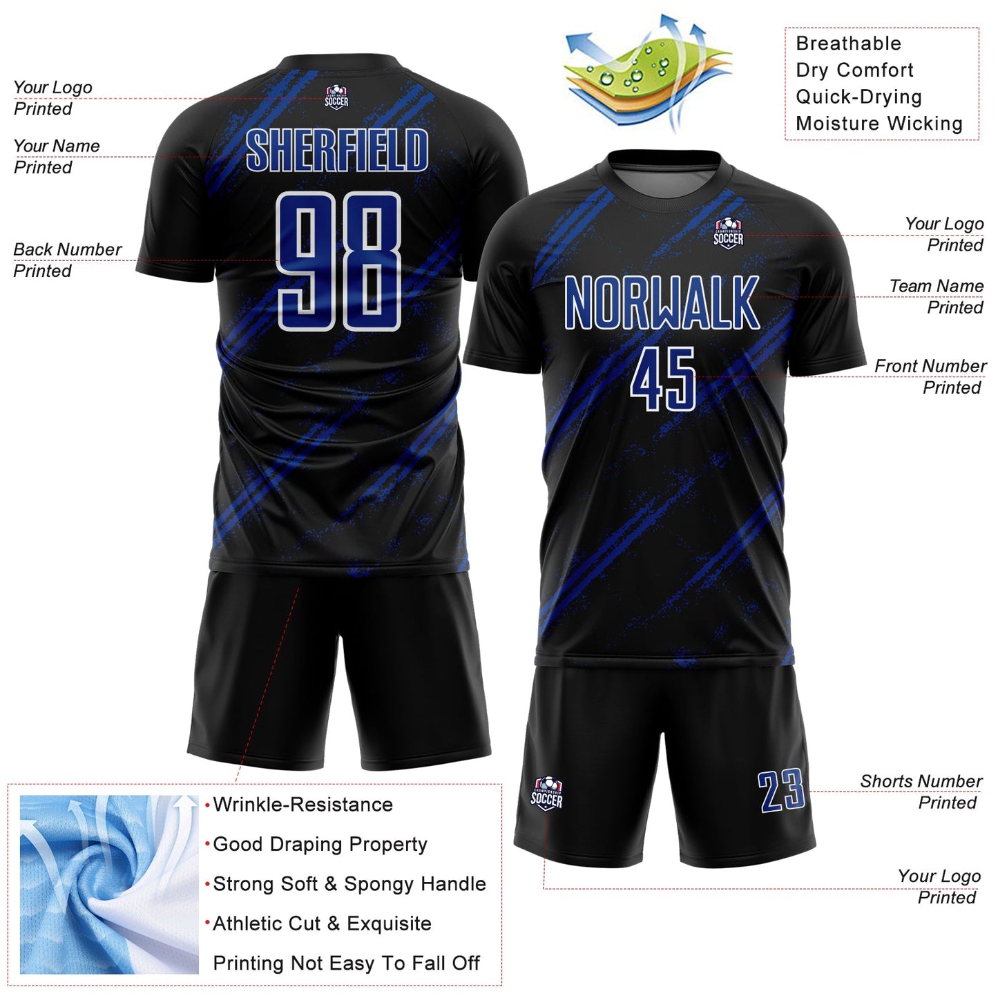Custom Black Royal-White Abstract Fragment Art Splash Sublimation Soccer Uniform Jersey - Sky-Custom