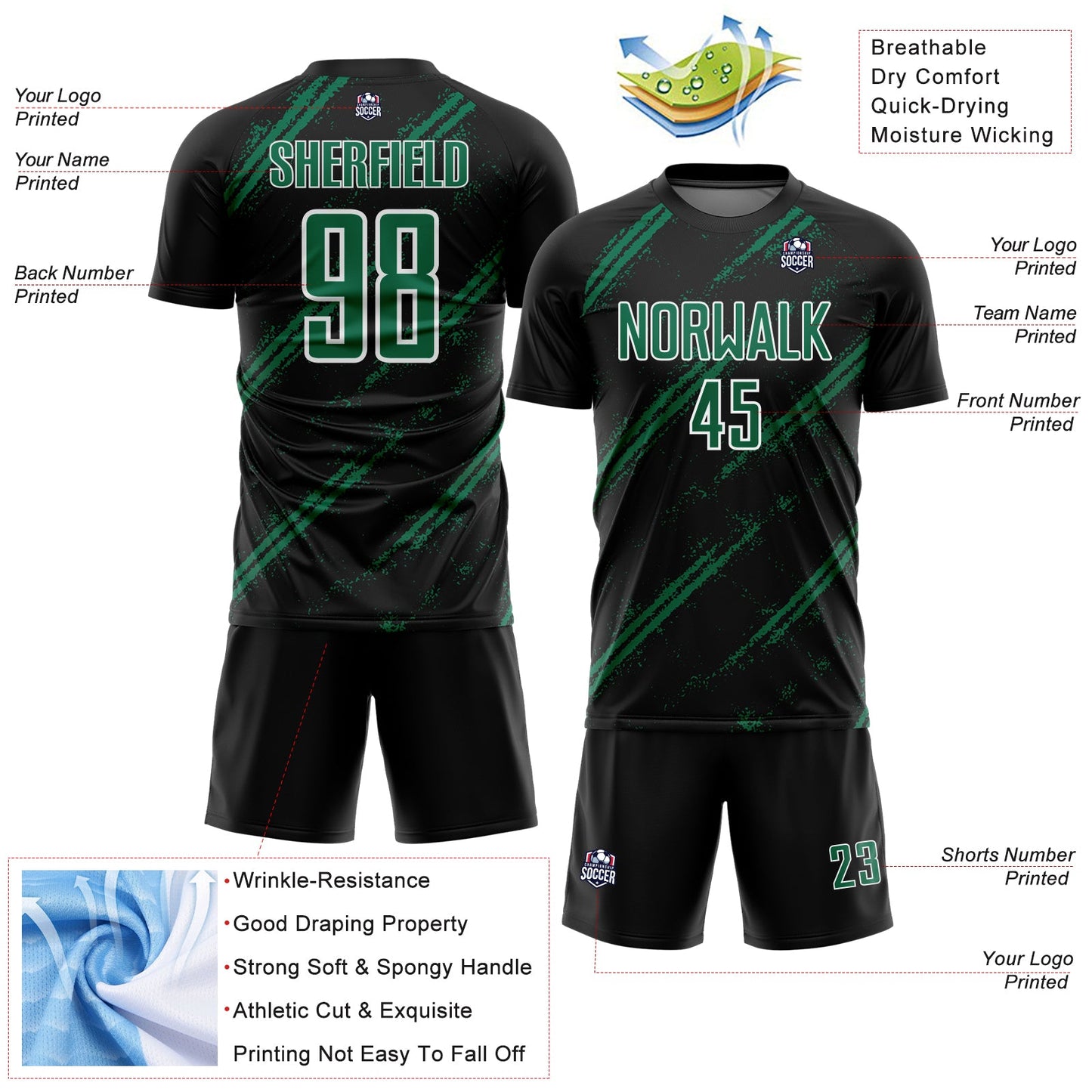 Custom Black Kelly Green-White Abstract Fragment Art Splash Sublimation Soccer Uniform Jersey - Sky-Custom