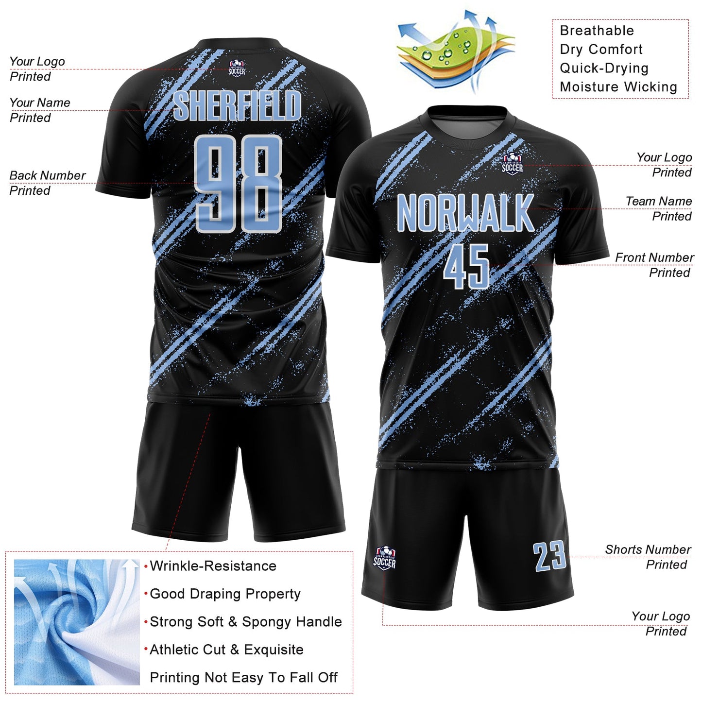Custom Black Light Blue-White Abstract Fragment Art Splash Sublimation Soccer Uniform Jersey - Sky-Custom