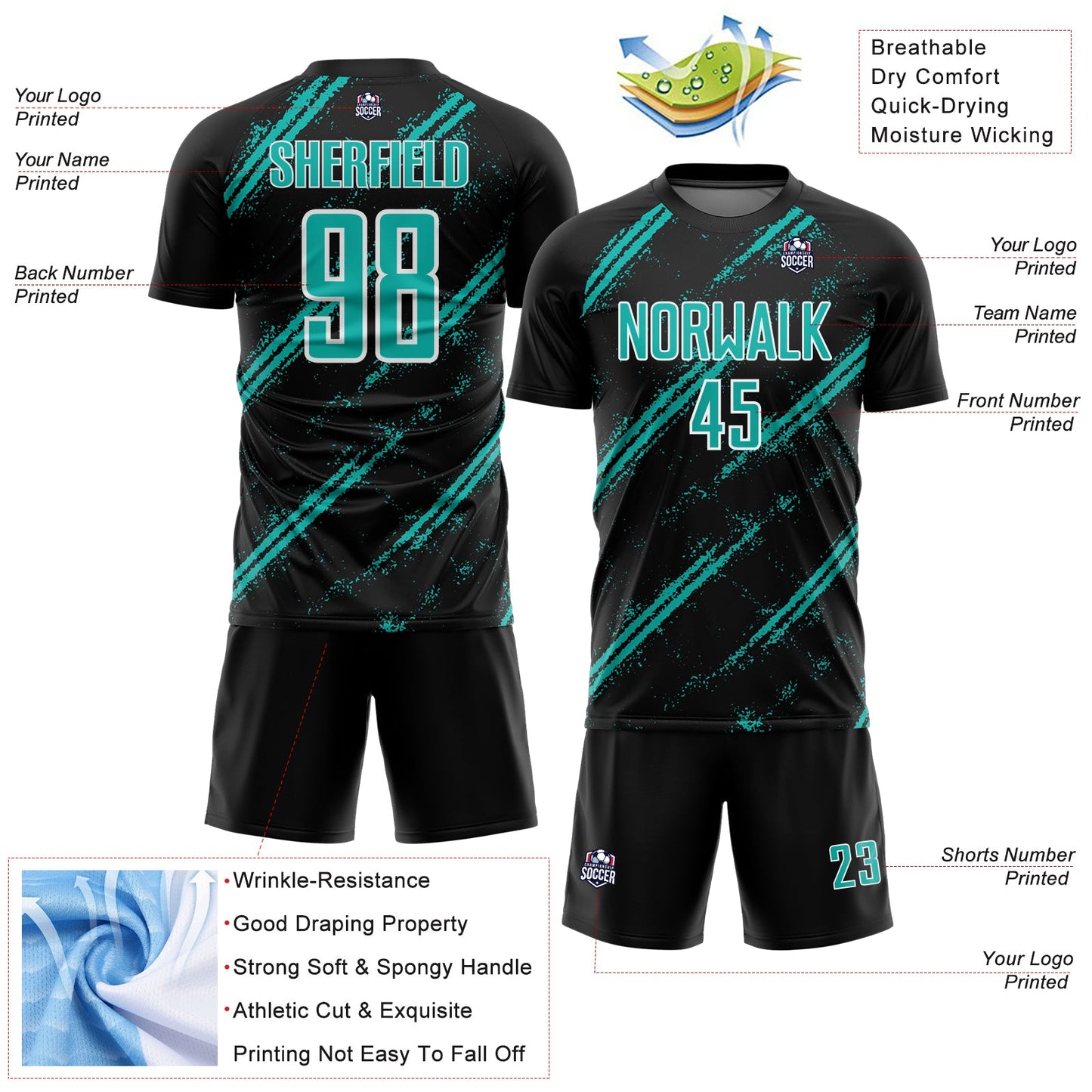 Custom Black Aqua-White Abstract Fragment Art Splash Sublimation Soccer Uniform Jersey - Sky-Custom