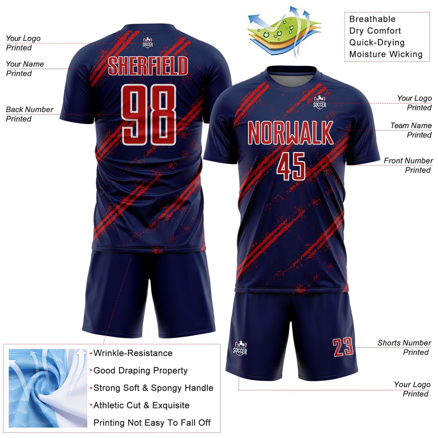 Custom Navy Red-White Abstract Fragment Art Splash Sublimation Soccer Uniform Jersey - Sky-Custom