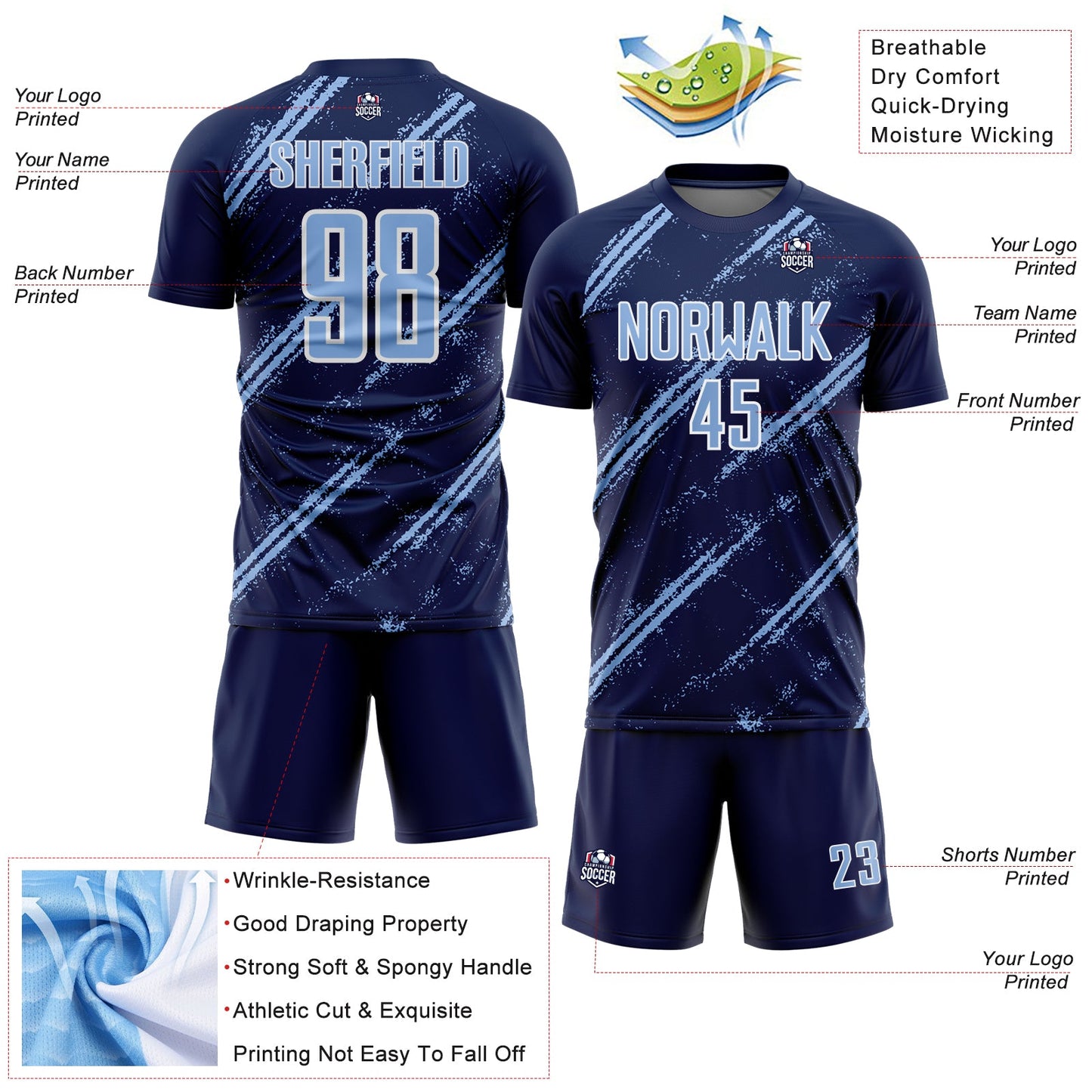 Custom Navy Light Blue-White Abstract Fragment Art Splash Sublimation Soccer Uniform Jersey - Sky-Custom