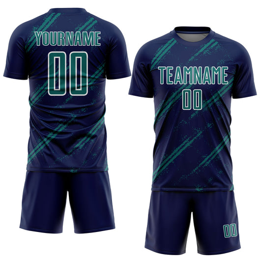 Custom Navy Teal-White Abstract Fragment Art Splash Sublimation Soccer Uniform Jersey - Sky-Custom
