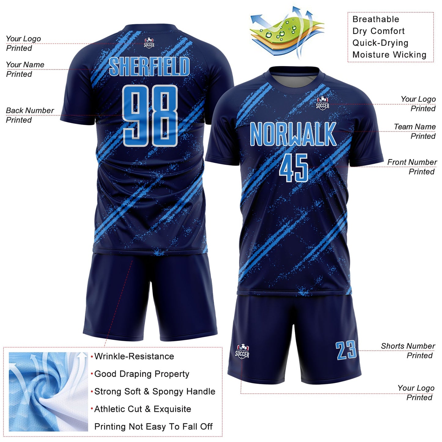 Custom Navy Powder Blue-White Abstract Fragment Art Splash Sublimation Soccer Uniform Jersey - Sky-Custom