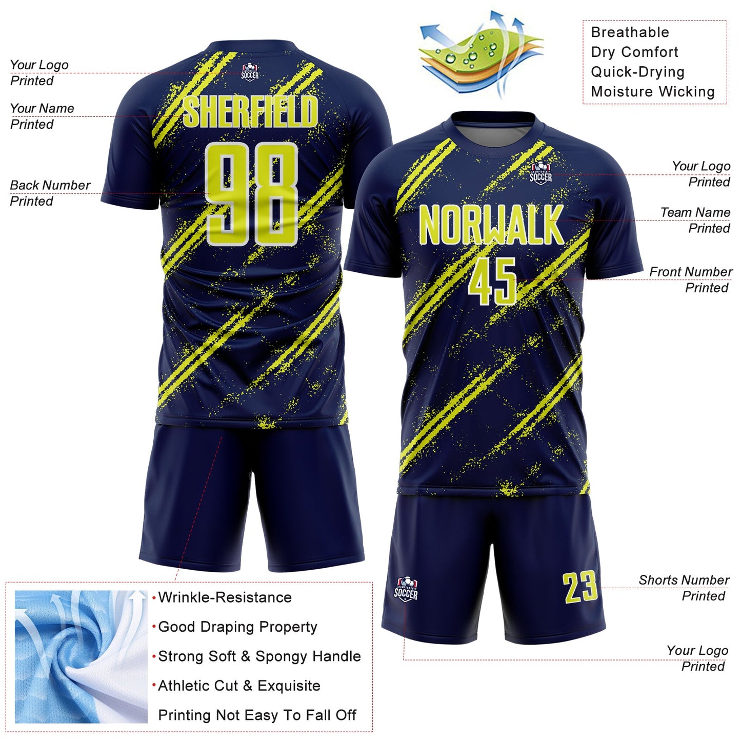 Custom Navy Neon Yellow-White Abstract Fragment Art Splash Sublimation Soccer Uniform Jersey - Sky-Custom