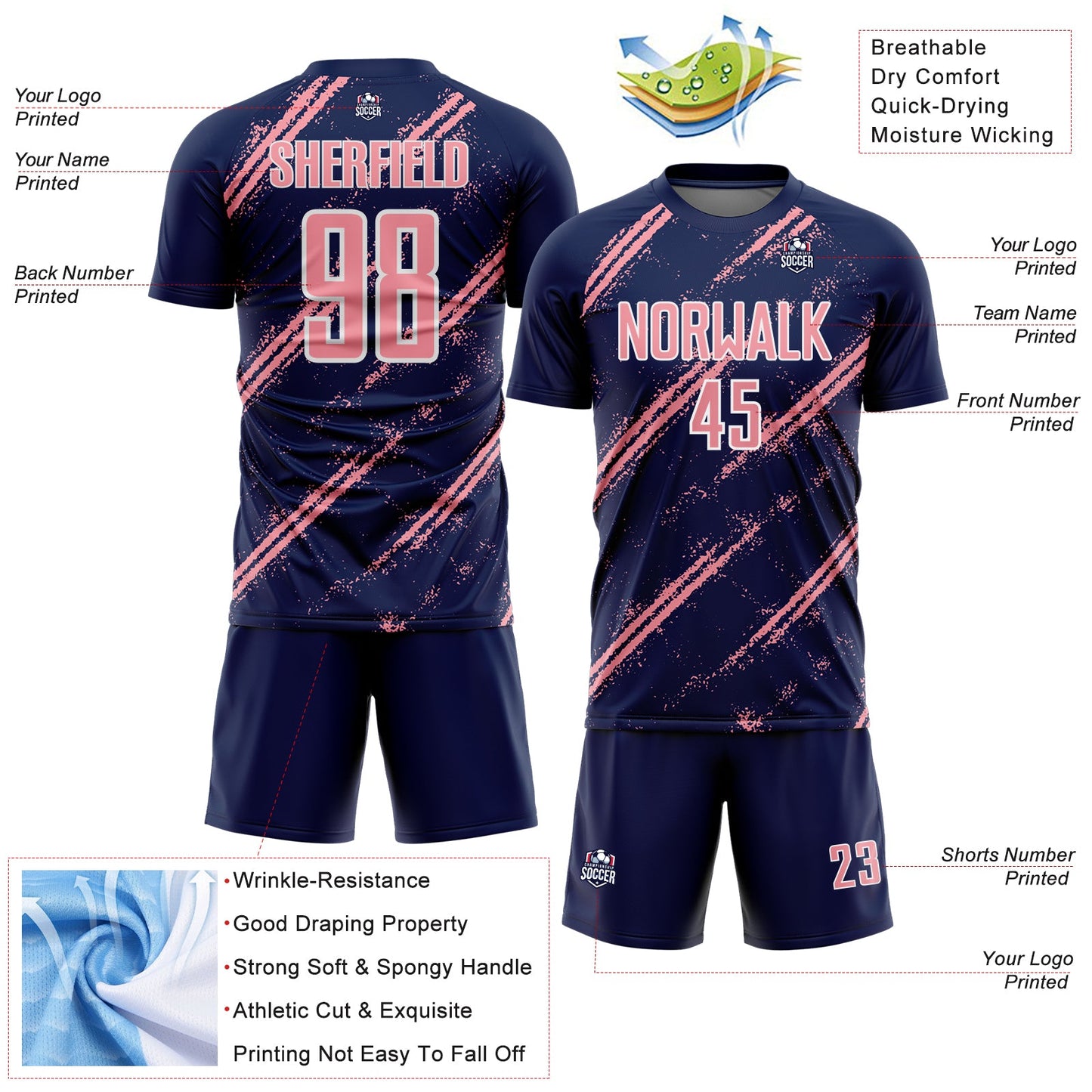 Custom Navy Medium Pink-White Abstract Fragment Art Splash Sublimation Soccer Uniform Jersey - Sky-Custom