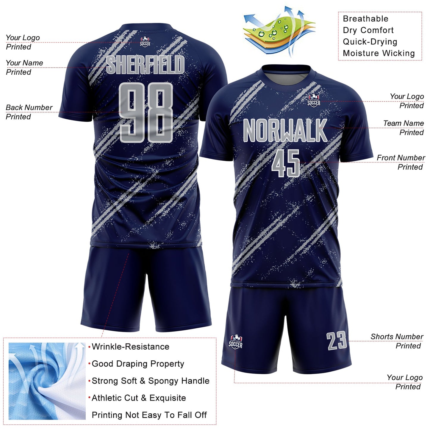 Custom Navy Gray-White Abstract Fragment Art Splash Sublimation Soccer Uniform Jersey - Sky-Custom