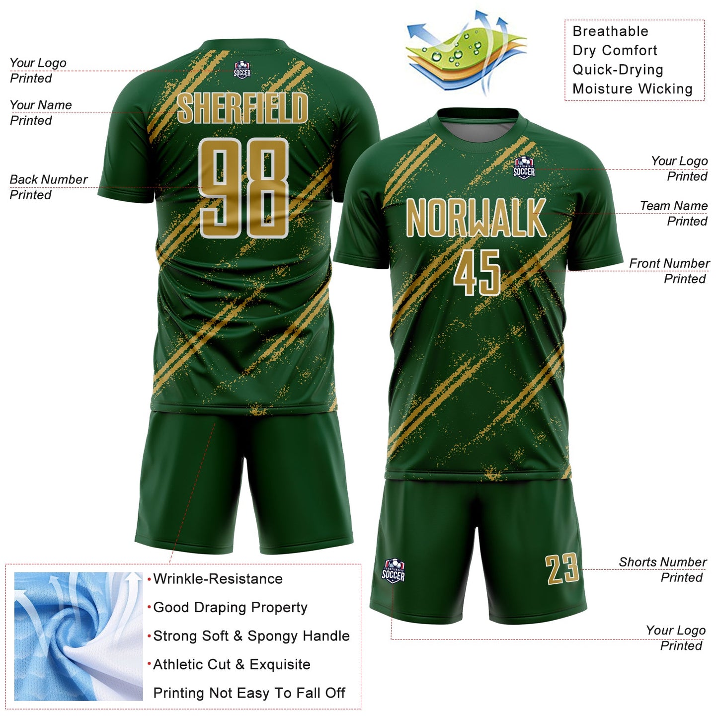 Custom Green Old Gold-White Abstract Fragment Art Splash Sublimation Soccer Uniform Jersey - Sky-Custom