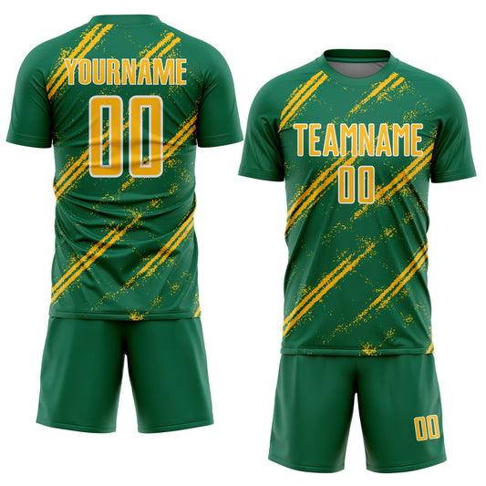 Custom Kelly Green Gold-White Abstract Fragment Art Splash Sublimation Soccer Uniform Jersey - Sky-Custom