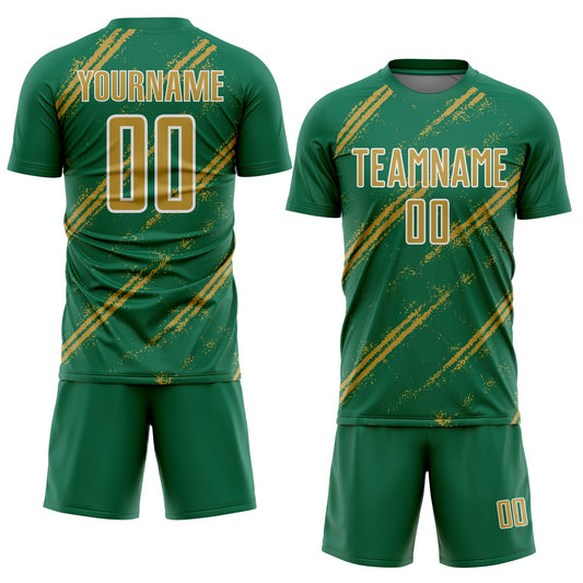 Custom Kelly Green Old Gold-White Abstract Fragment Art Splash Sublimation Soccer Uniform Jersey - Sky-Custom