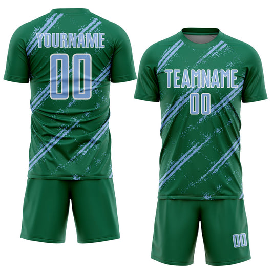 Custom Kelly Green Light Blue-White Abstract Fragment Art Splash Sublimation Soccer Uniform Jersey - Sky-Custom