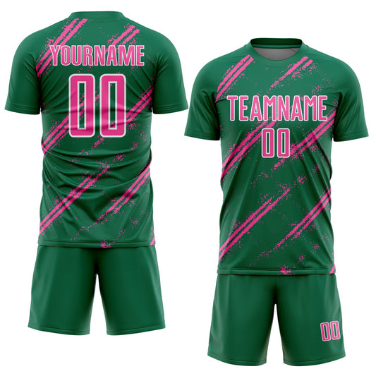 Custom Kelly Green Pink-White Abstract Fragment Art Splash Sublimation Soccer Uniform Jersey - Sky-Custom