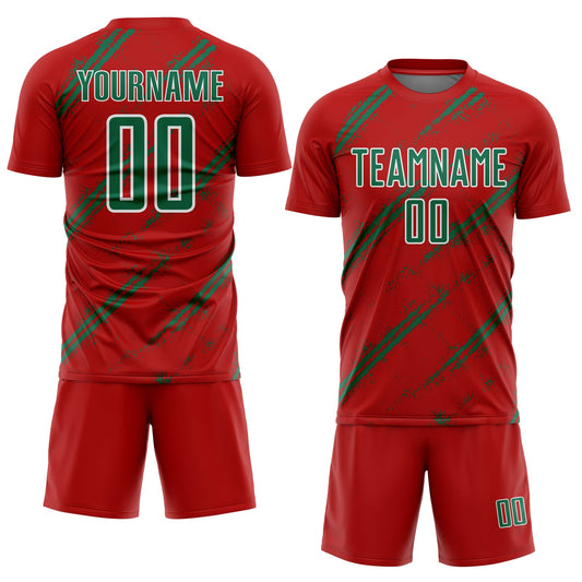 Custom Red Kelly Green-White Abstract Fragment Art Splash Sublimation Soccer Uniform Jersey - Sky-Custom