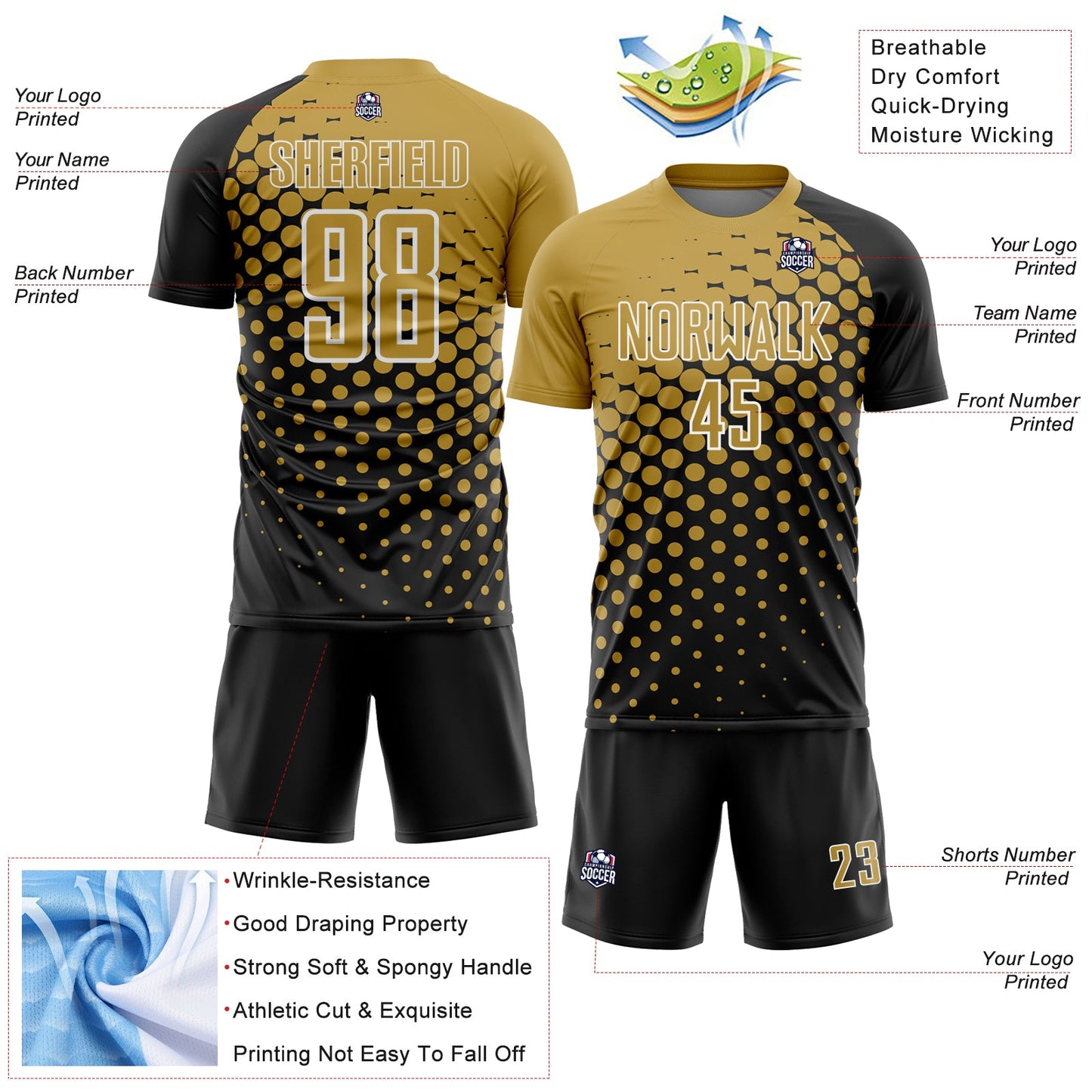Custom Black Old Gold-White Modern Polka Dot Sublimation Soccer Uniform Jersey - Sky-Custom