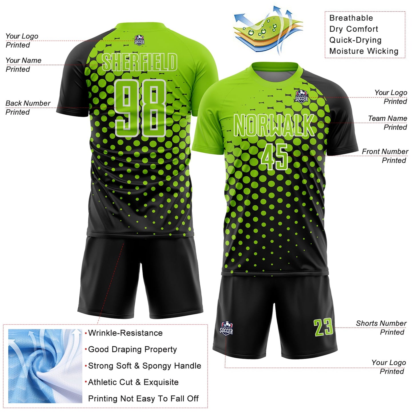 Custom Black Neon Green-White Modern Polka Dot Sublimation Soccer Uniform Jersey - Sky-Custom