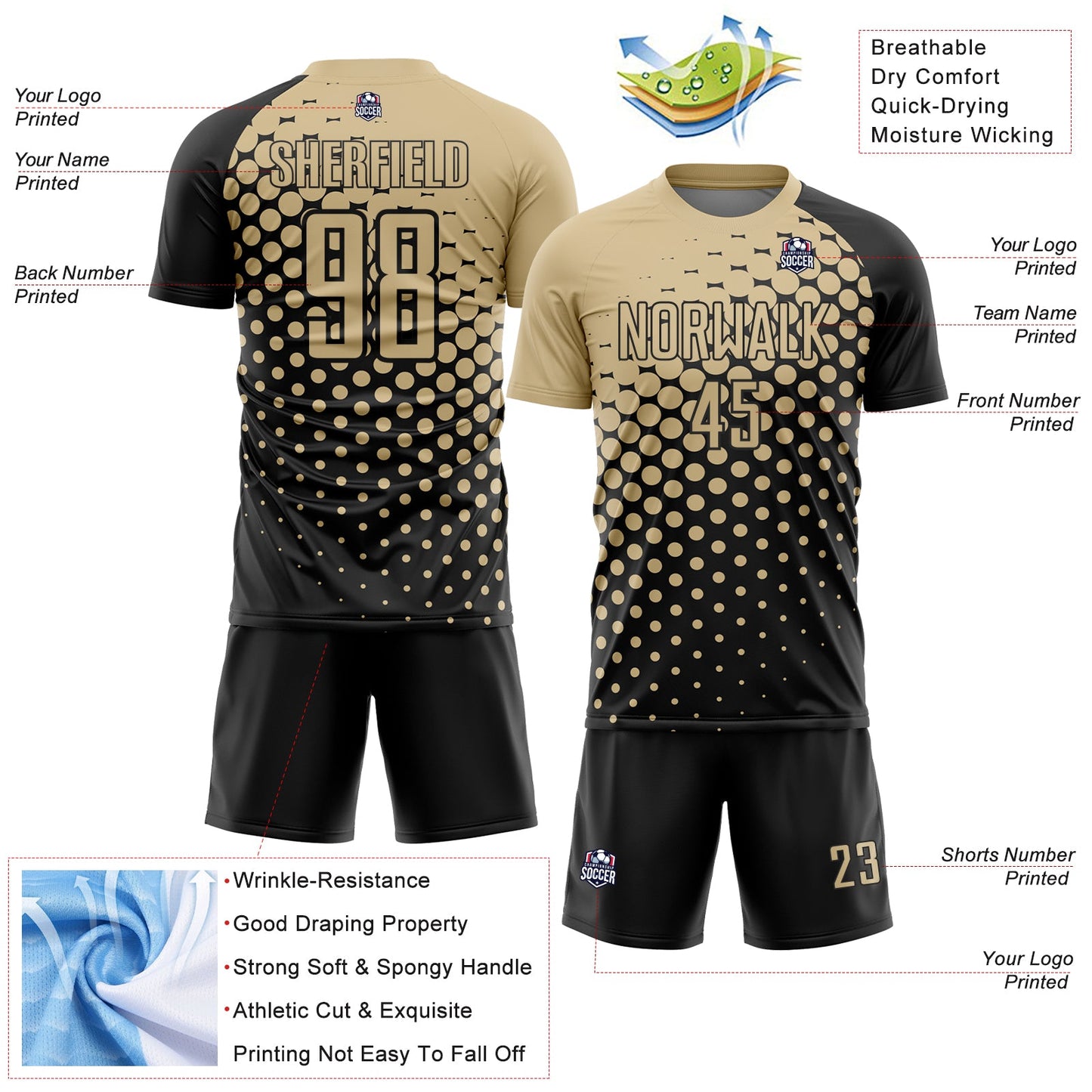 Custom Black Vegas Gold Modern Polka Dot Sublimation Soccer Uniform Jersey - Sky-Custom