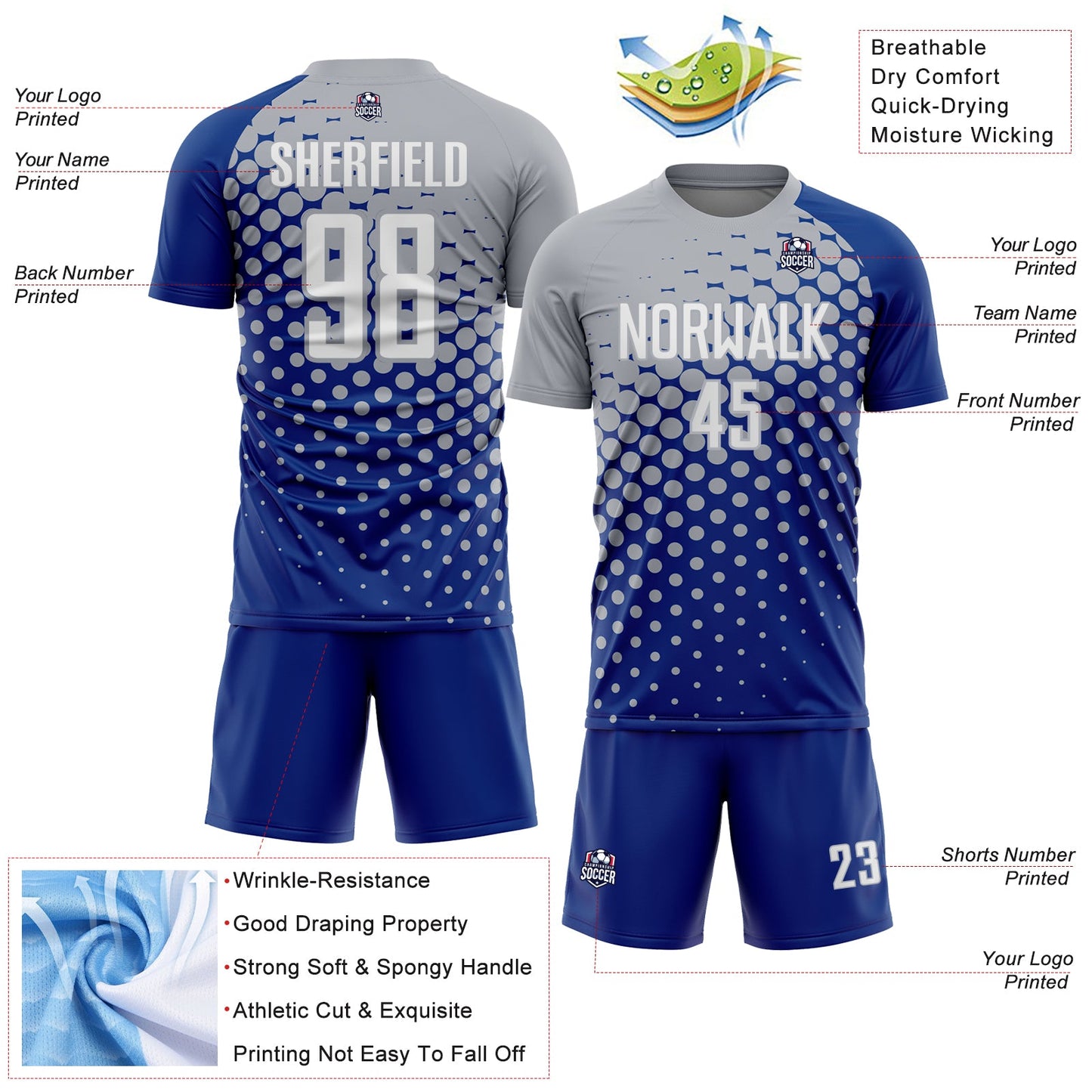 Custom Royal White-Gray Modern Polka Dot Sublimation Soccer Uniform Jersey - Sky-Custom