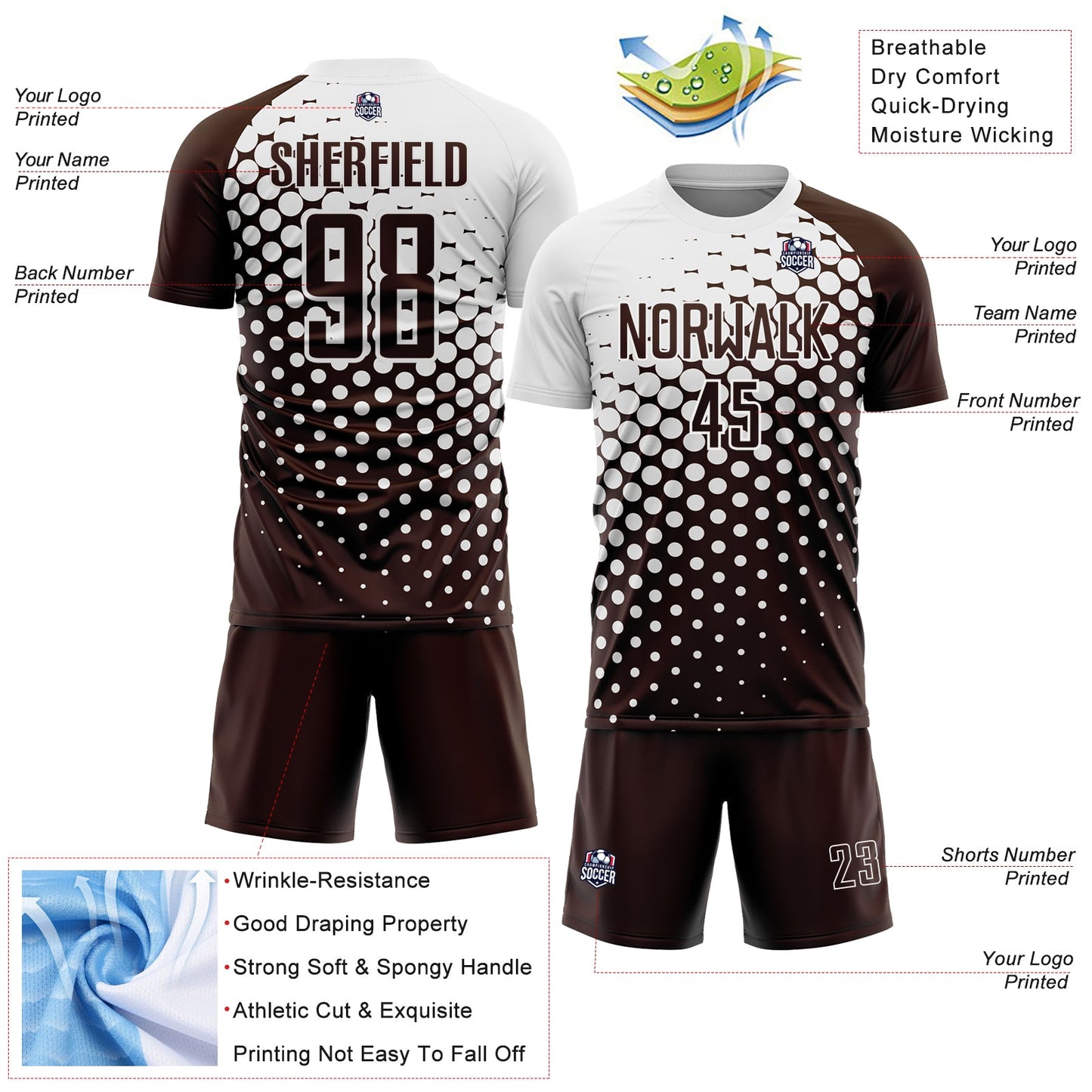 Custom Brown White Modern Polka Dot Sublimation Soccer Uniform Jersey - Sky-Custom