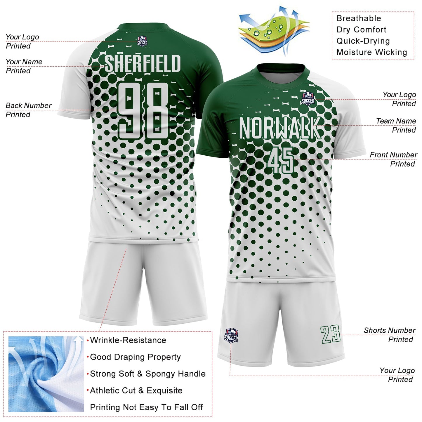 Custom White Green Modern Polka Dot Sublimation Soccer Uniform Jersey - Sky-Custom