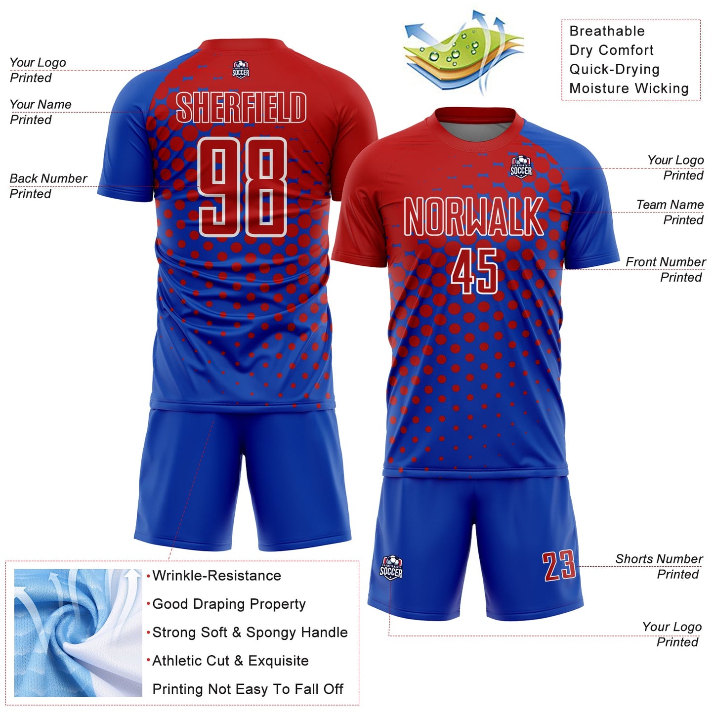 Custom Thunder Blue Red-White Modern Polka Dot Sublimation Soccer Uniform Jersey - Sky-Custom