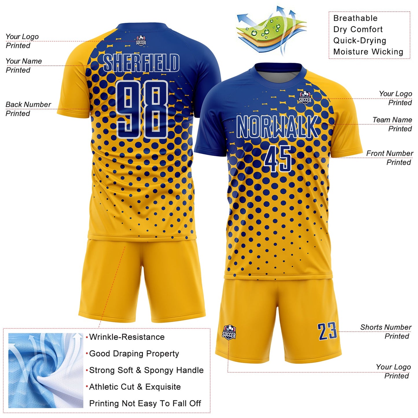 Custom Gold Royal-White Modern Polka Dot Sublimation Soccer Uniform Jersey - Sky-Custom