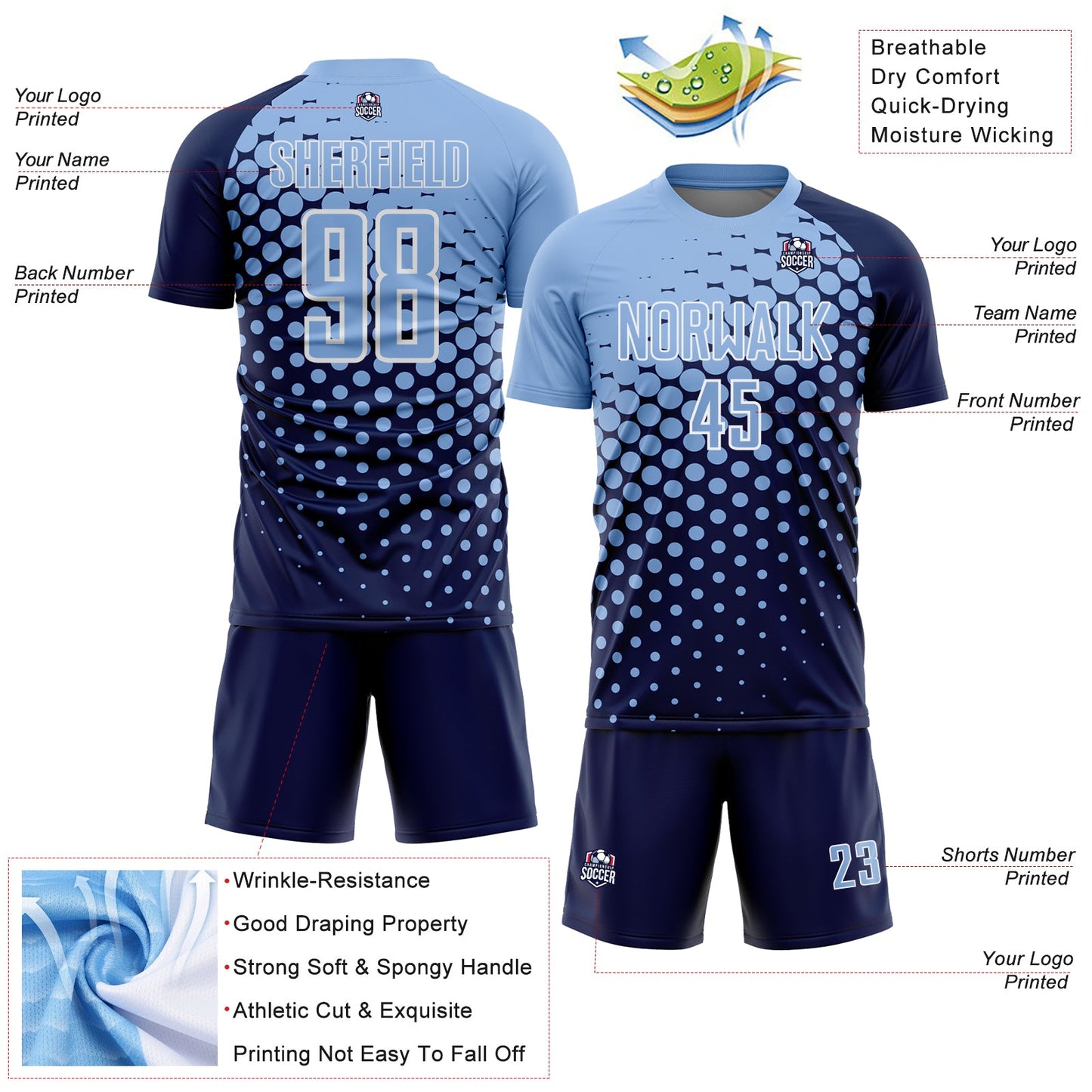 Custom Navy Light Blue-White Modern Polka Dot Sublimation Soccer Uniform Jersey - Sky-Custom