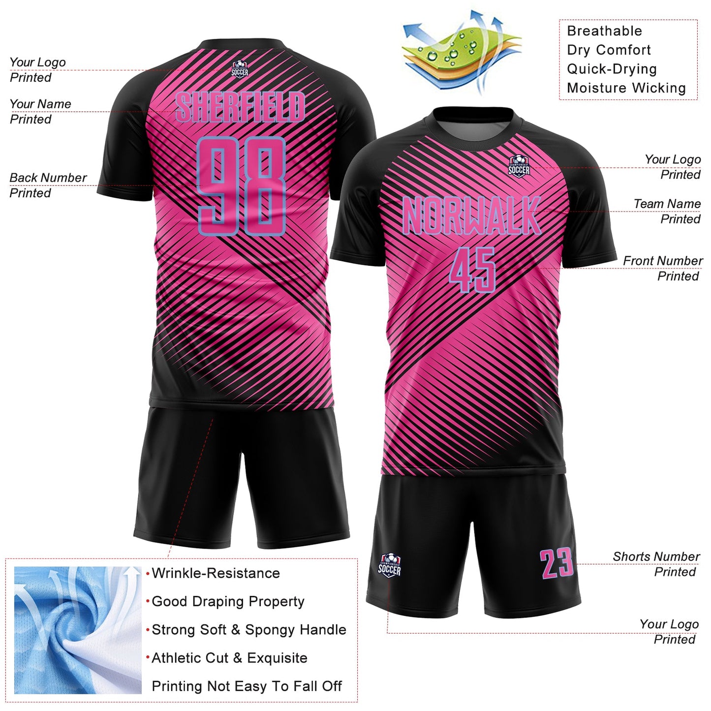 Custom Black Pink-Light Blue Line Sublimation Soccer Uniform Jersey - Sky-Custom