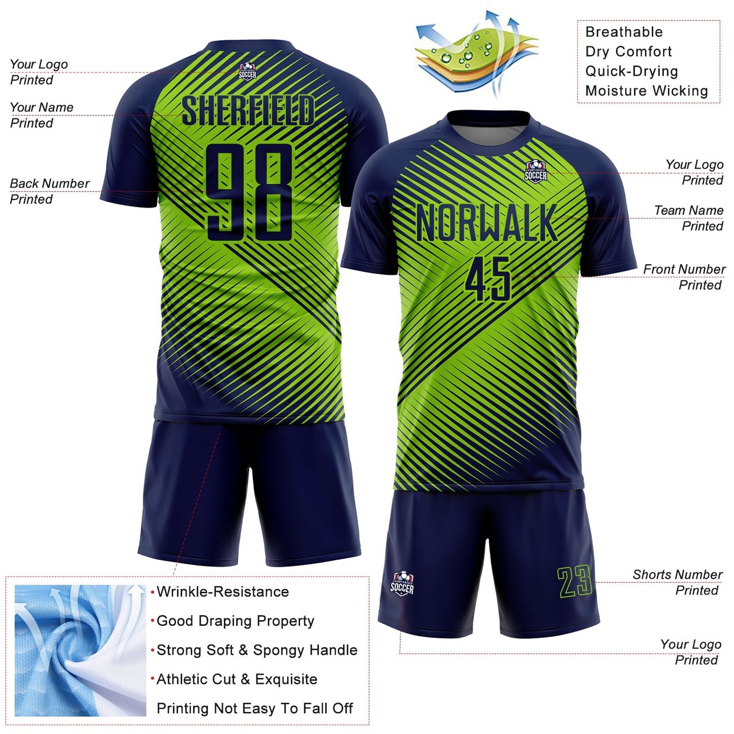 Custom Navy Neon Green Line Sublimation Soccer Uniform Jersey - Sky-Custom