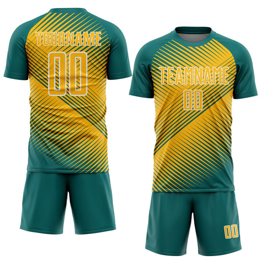 Custom Teal Gold-White Line Sublimation Soccer Uniform Jersey - Sky-Custom