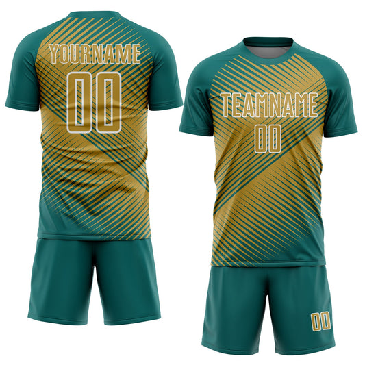 Custom Teal Old Gold-White Line Sublimation Soccer Uniform Jersey - Sky-Custom
