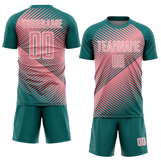 Custom Teal Medium Pink-White Line Sublimation Soccer Uniform Jersey - Sky-Custom