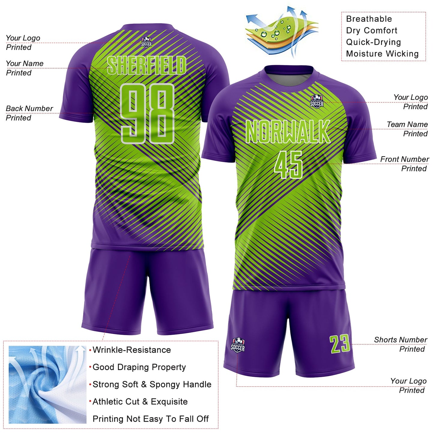 Custom Purple Neon Green-White Line Sublimation Soccer Uniform Jersey - Sky-Custom