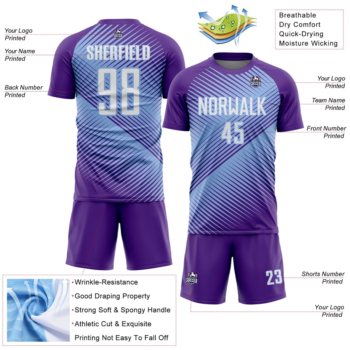 Custom Purple White-Light Blue Line Sublimation Soccer Uniform Jersey - Sky-Custom