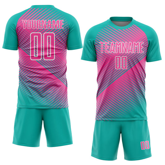 Custom Aqua Pink-White Line Sublimation Soccer Uniform Jersey - Sky-Custom