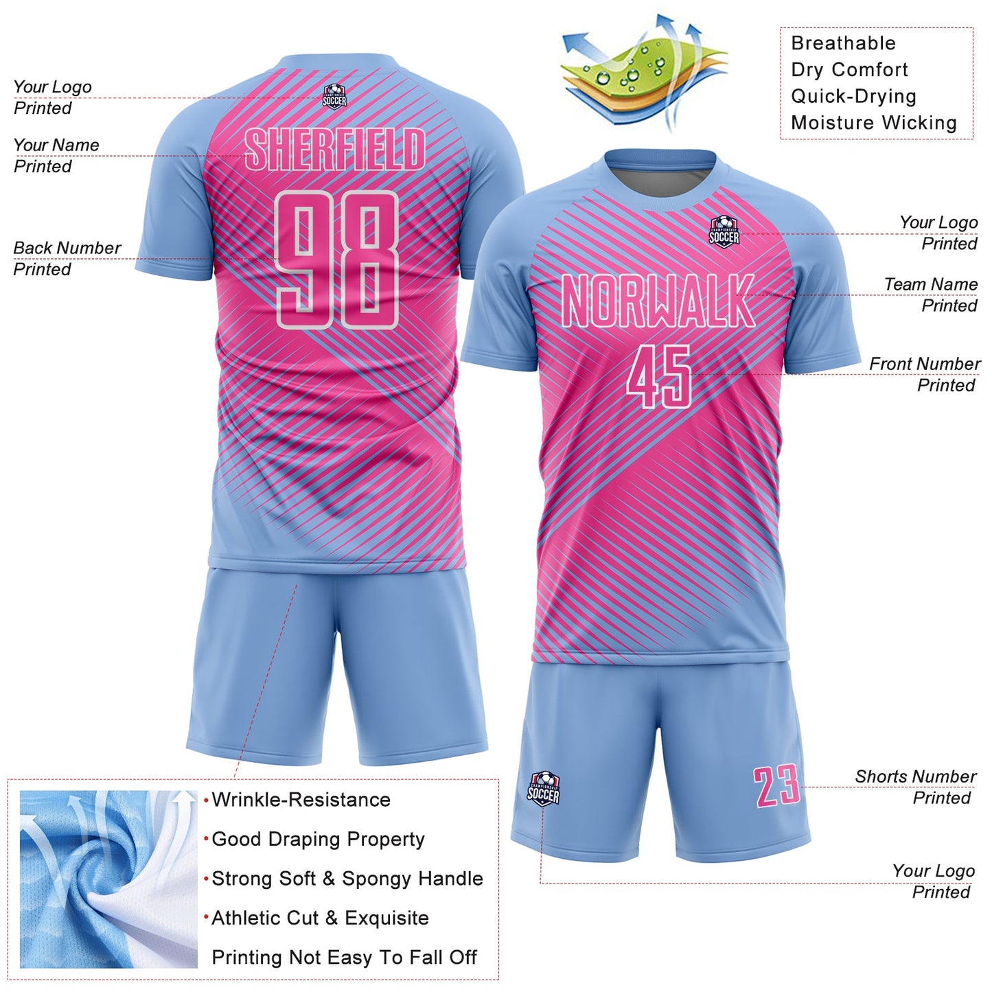 Custom Light Blue Pink-White Line Sublimation Soccer Uniform Jersey - Sky-Custom
