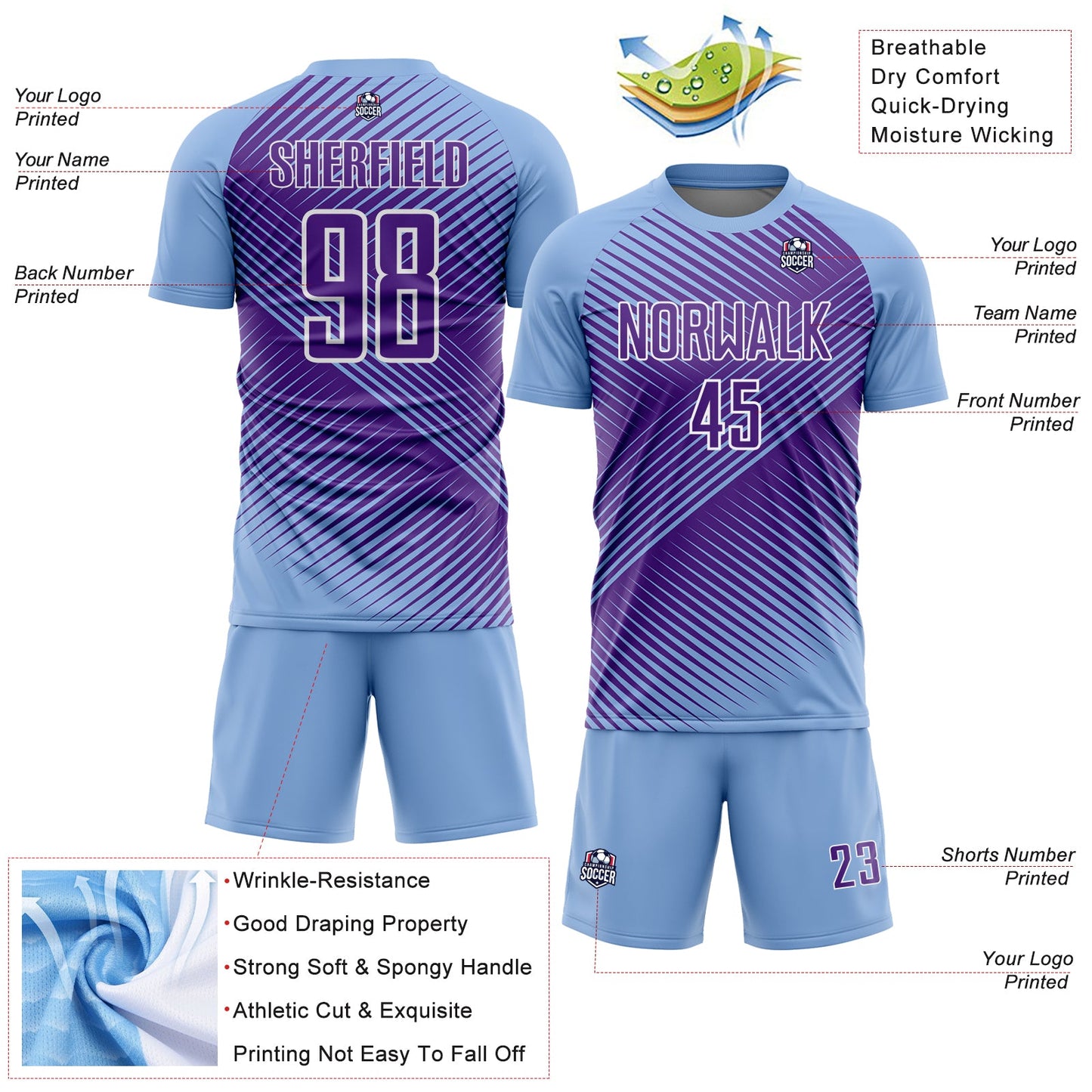 Custom Light Blue Purple-White Line Sublimation Soccer Uniform Jersey - Sky-Custom