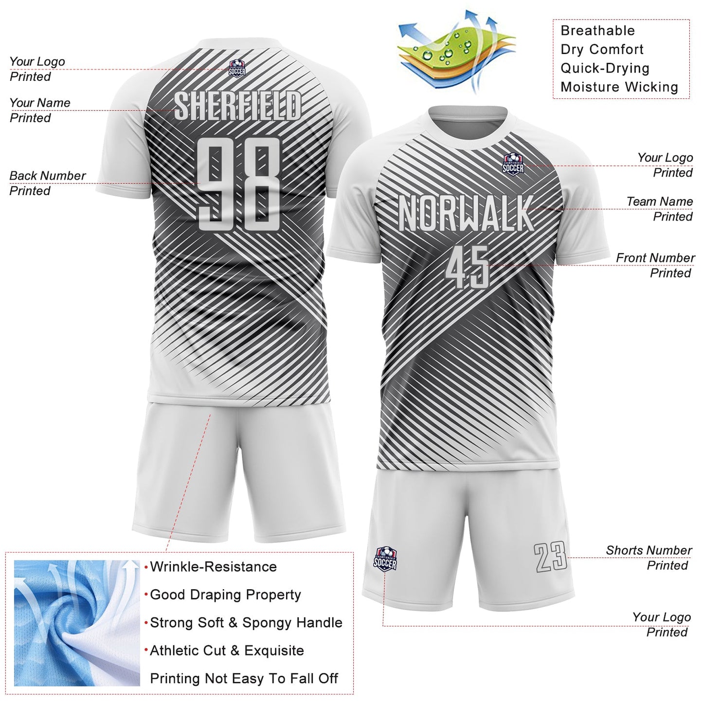 Custom White Steel Gray Line Sublimation Soccer Uniform Jersey - Sky-Custom