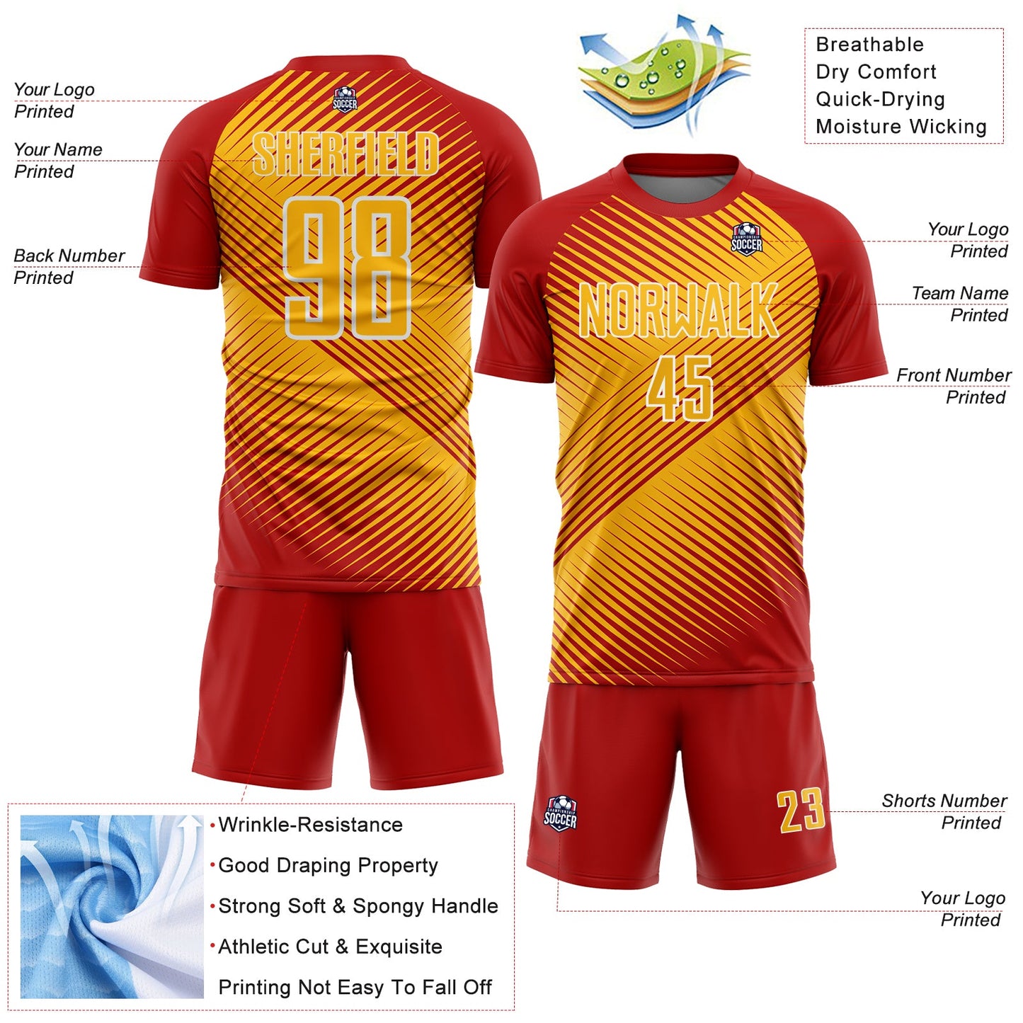 Custom Red Gold-White Line Sublimation Soccer Uniform Jersey - Sky-Custom