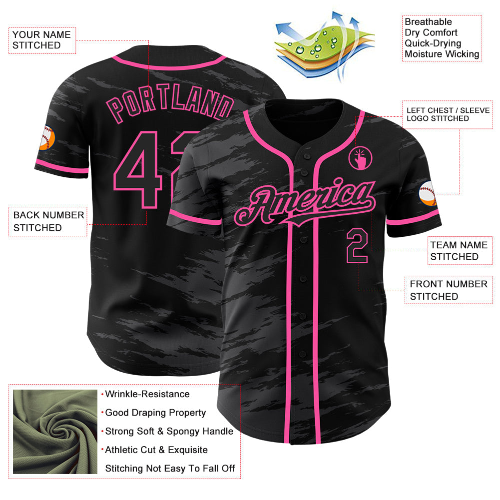 Custom Black Steel Gray Splash Ink Pink Authentic Baseball Jersey - Sky-Custom