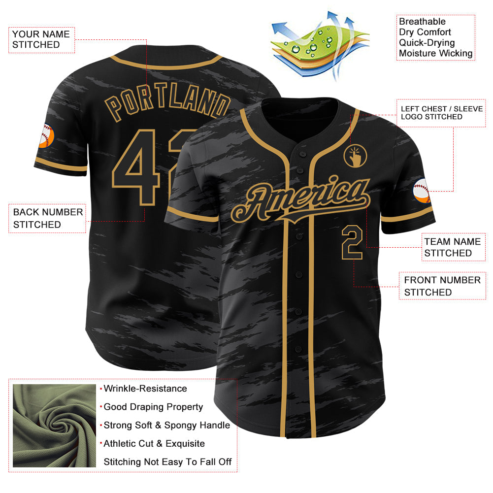 Custom Black Steel Gray Splash Ink Old Gold Authentic Baseball Jersey - Sky-Custom