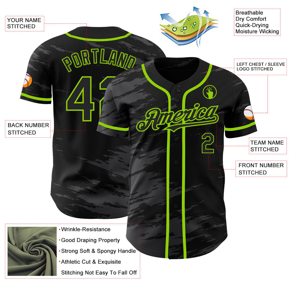 Custom Black Steel Gray Splash Ink Neon Green Authentic Baseball Jersey - Sky-Custom