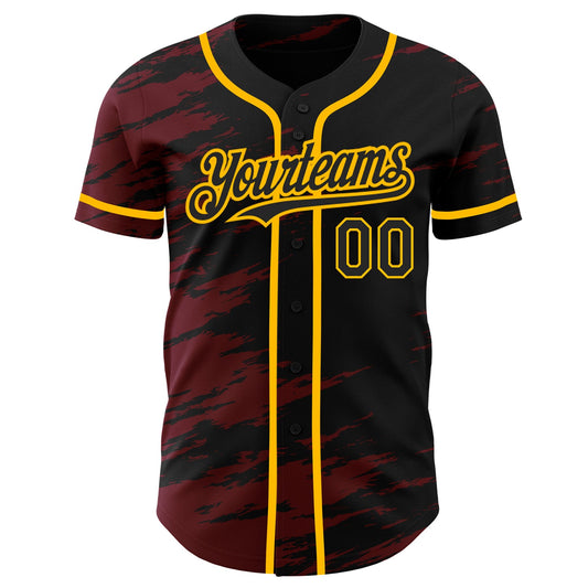 Custom Black Crimson Splash Ink Gold Authentic Baseball Jersey - Sky-Custom