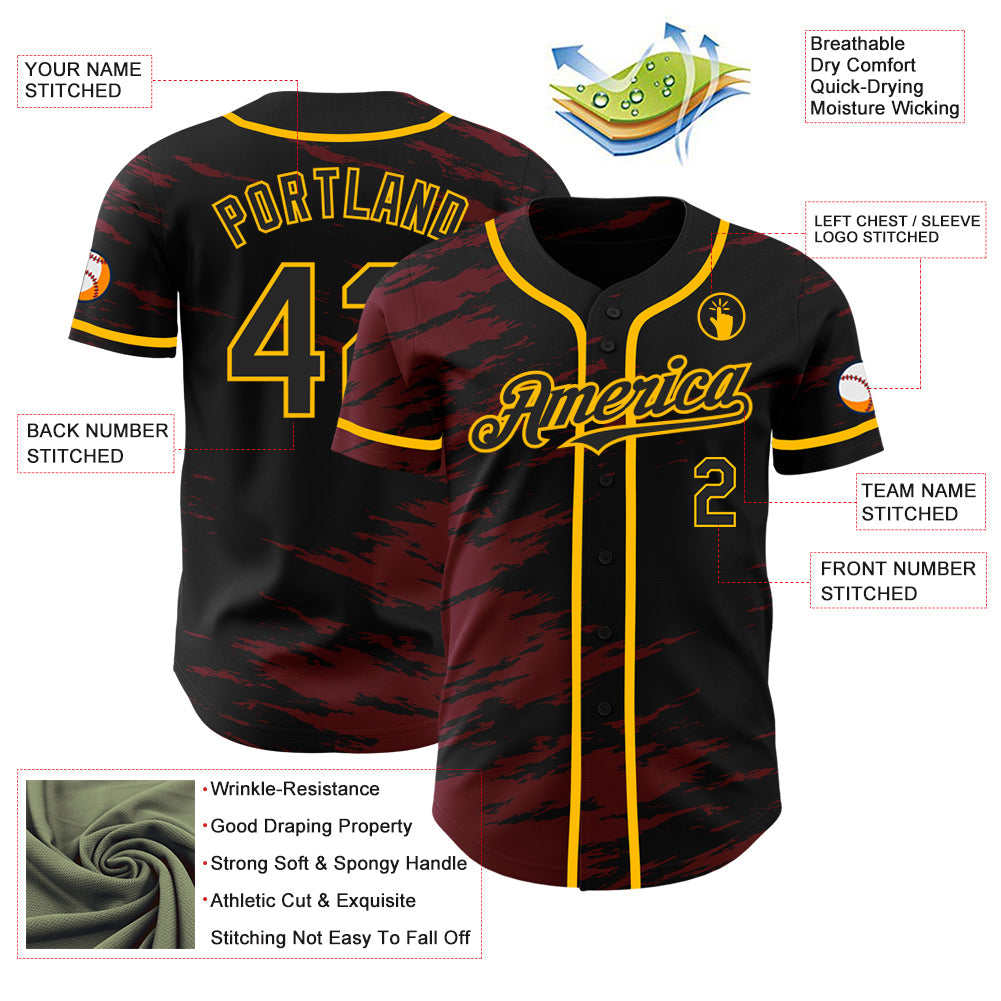 Custom Black Crimson Splash Ink Gold Authentic Baseball Jersey - Sky-Custom