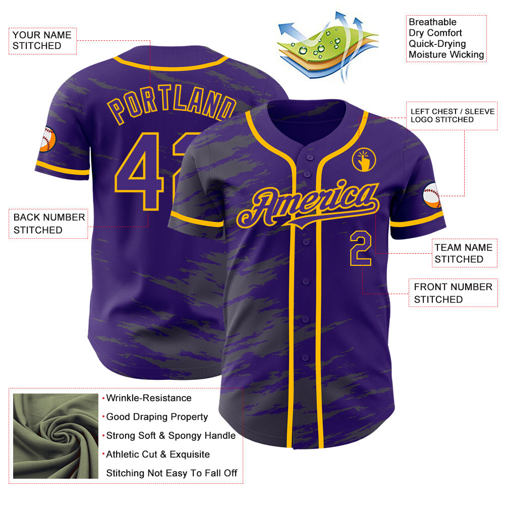 Custom Purple Steel Gray Splash Ink Gold Authentic Baseball Jersey - Sky-Custom