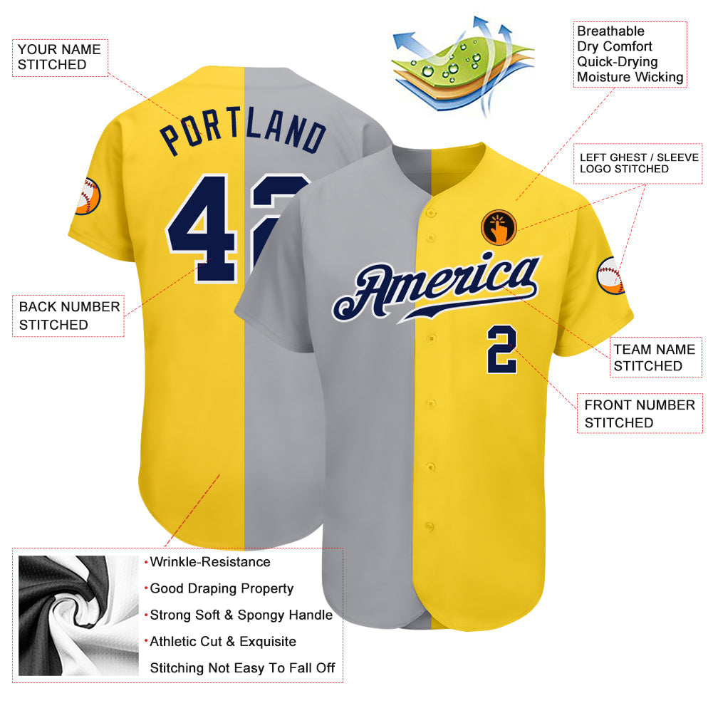 Custom Yellow Navy Gray-White Authentic Split Fashion Baseball Jersey - Sky-Custom