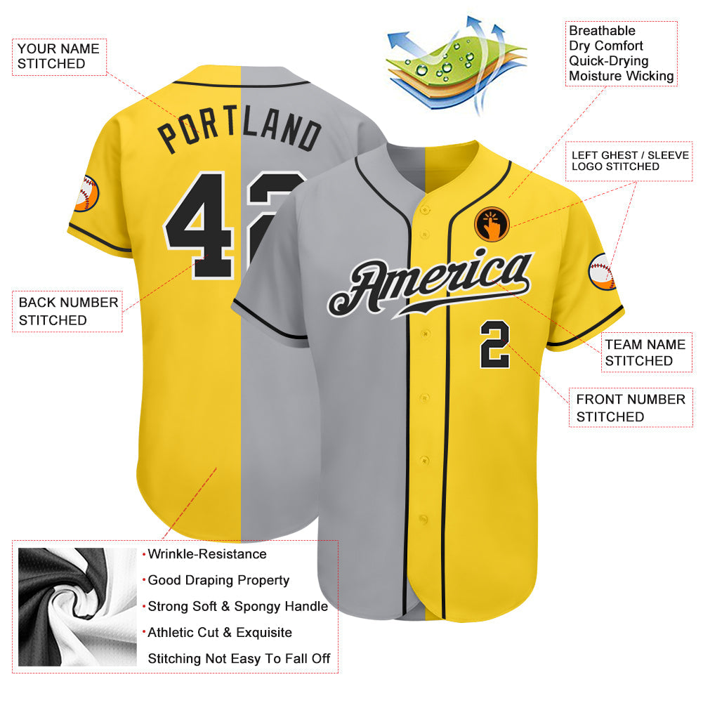 Custom Yellow Black Gray-White Authentic Split Fashion Baseball Jersey - Sky-Custom