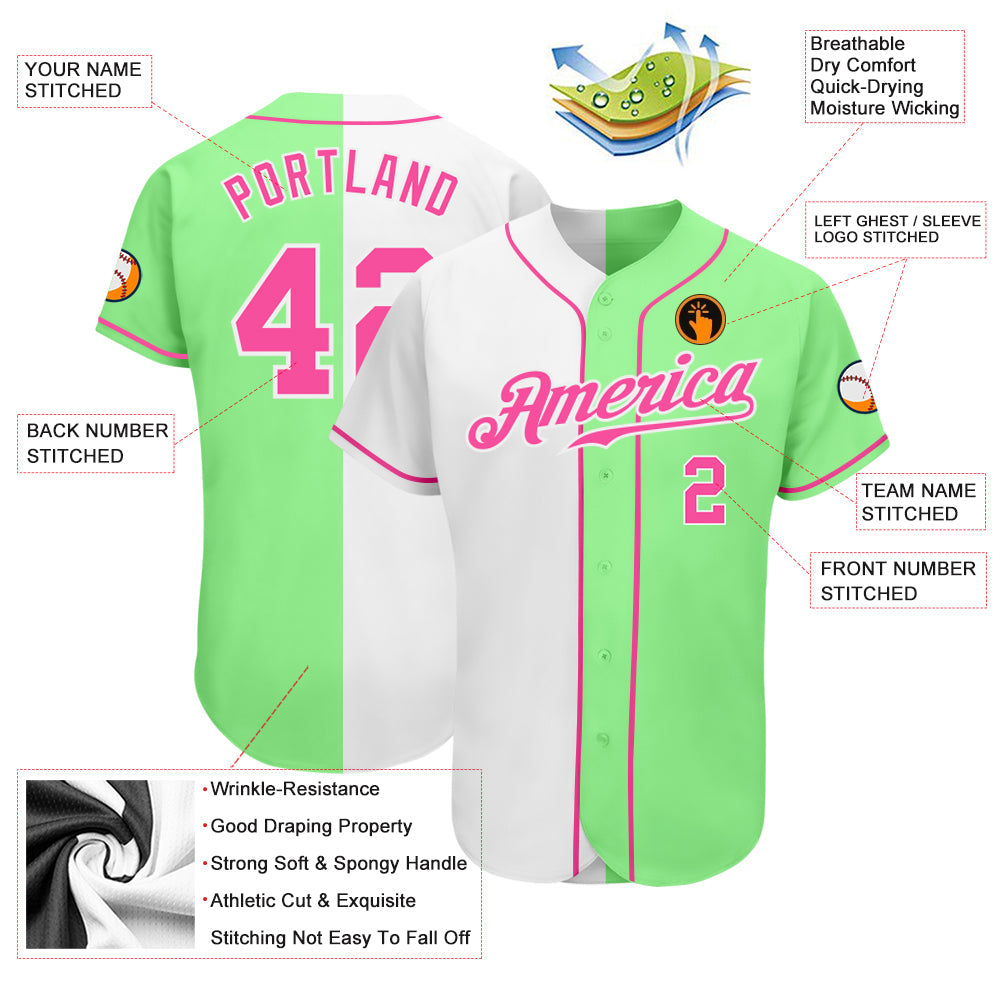 Custom Pea Green Pink-White Authentic Split Fashion Baseball Jersey - Sky-Custom